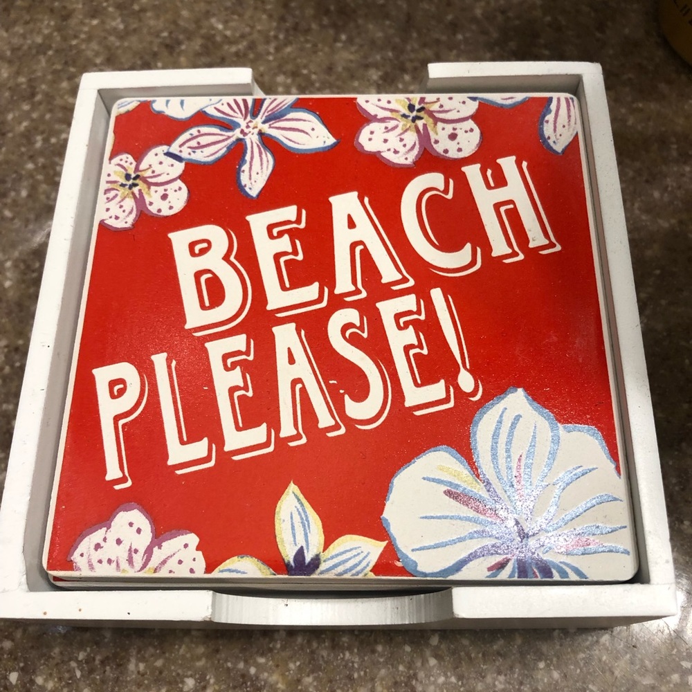 Chesapeake Bay 4 red Ceramic Coasters in Wooden Tray Beach Please Design